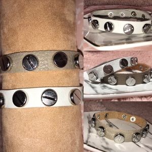 White and Gray Leather Silver Stud Bracelet Set